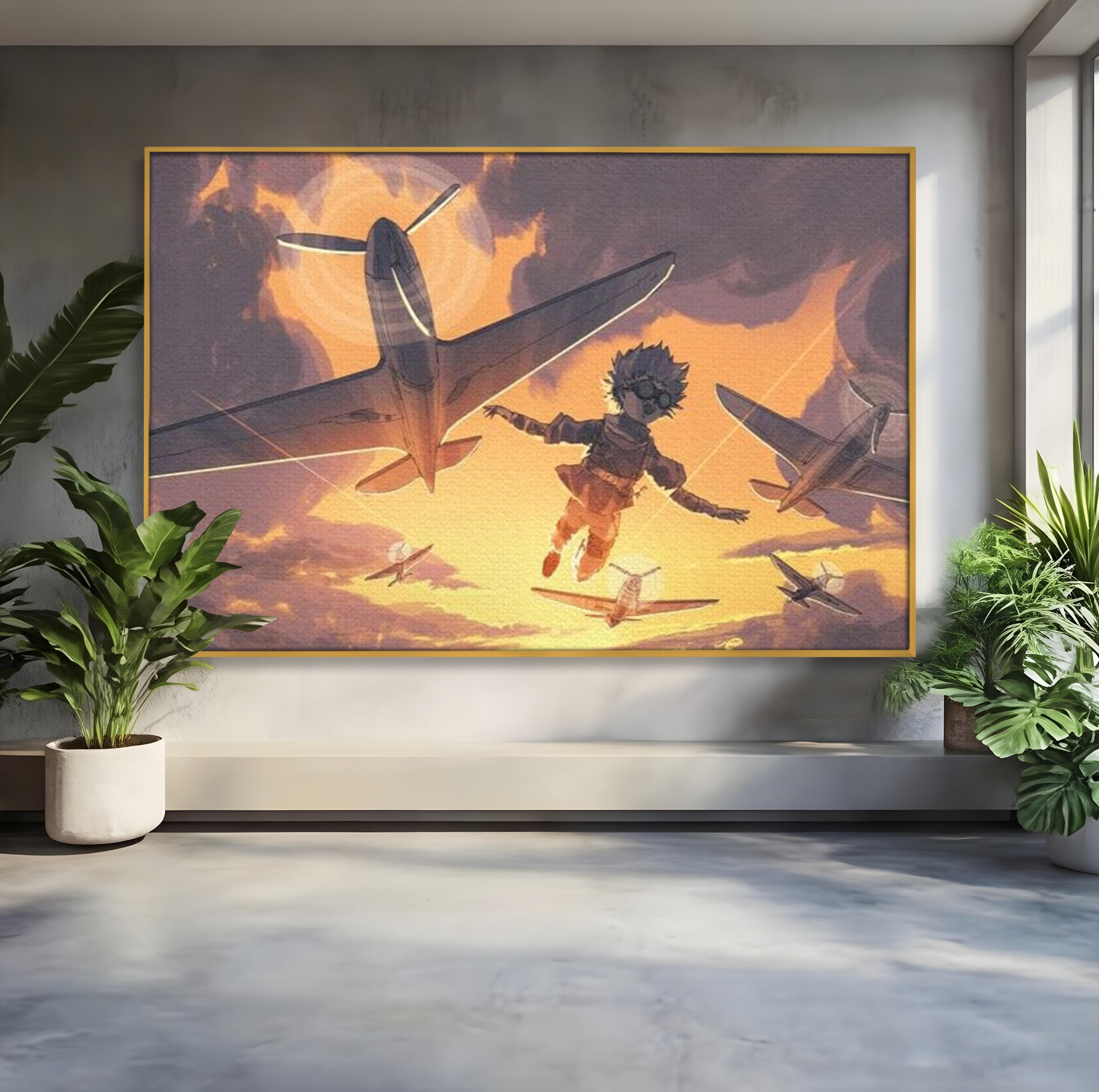Tablou canvas cu ilustratie digitala cu un baietel zburand alaturi de avioane, in rama de aluminiu auriu